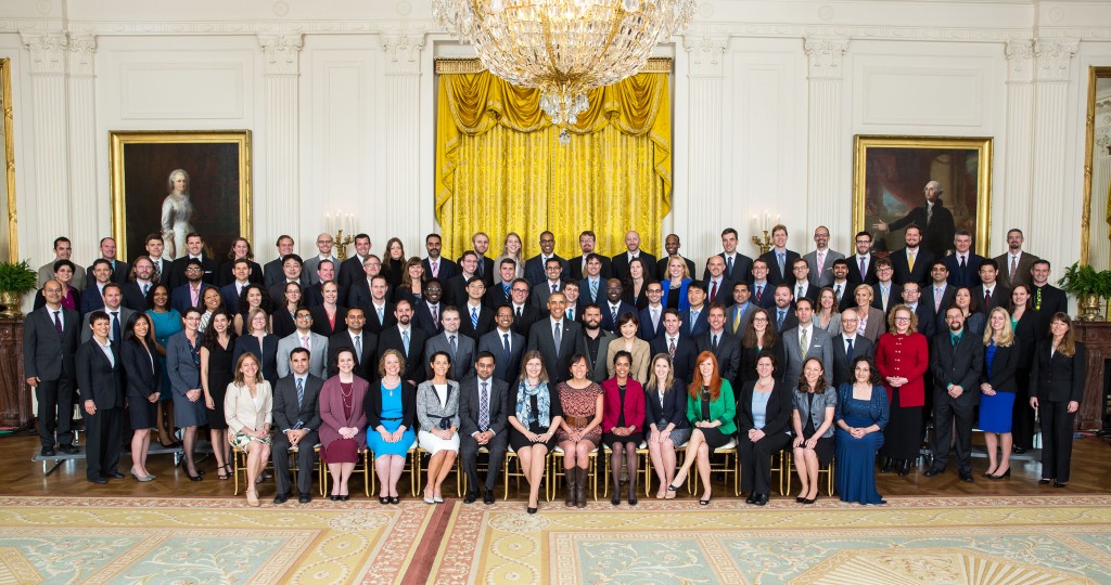 President Barack Obama joins recipients of the 2013 Presidential Early Career Award for Scientists and Engineers (PECASE) for a group photo in the East Room of the White House, May 5, 2016. (Official White House Photo by Lawrence Jackson)